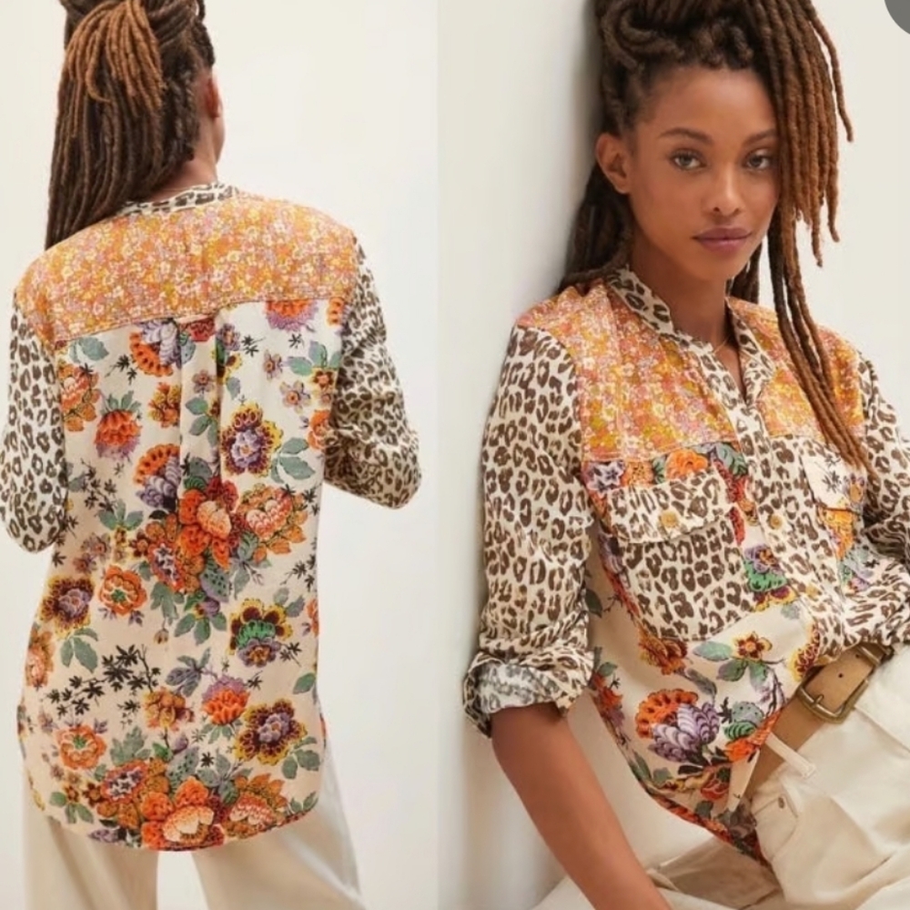 Pilcro Multicolor Floral and Leopard Print Blouse